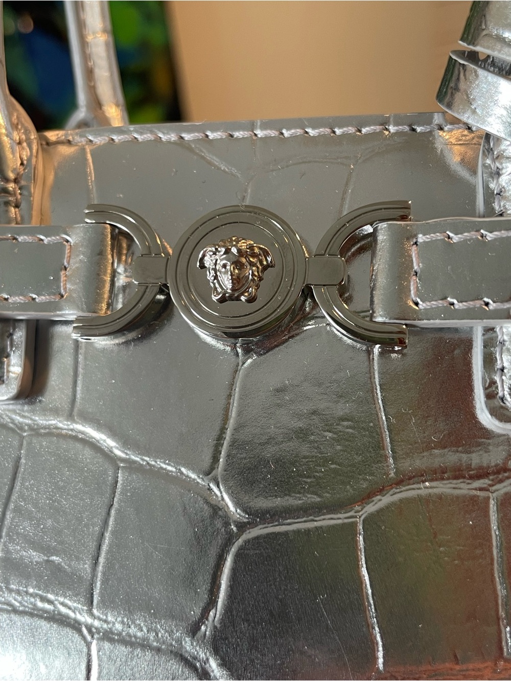 Versace Silver Croc-Embossed Mini Tote with Detachable Strap - Picture 9 of 16